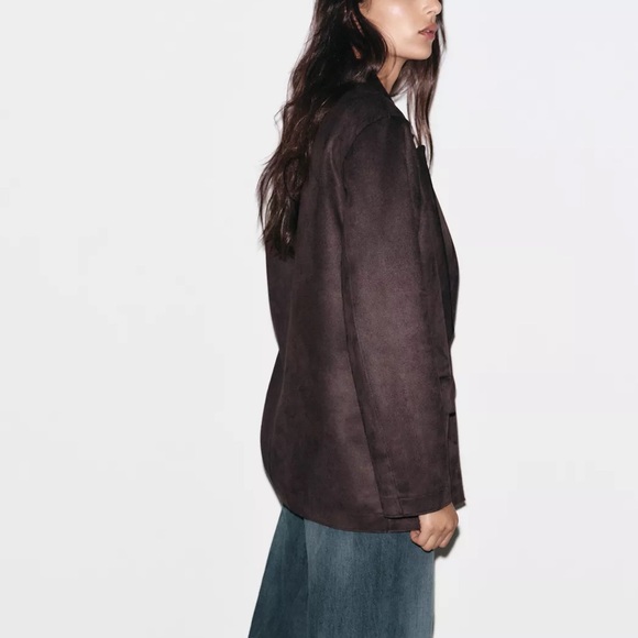 Zara NWT dark brown faux suede double breasted collared blazer jacket - Picture 4 of 10